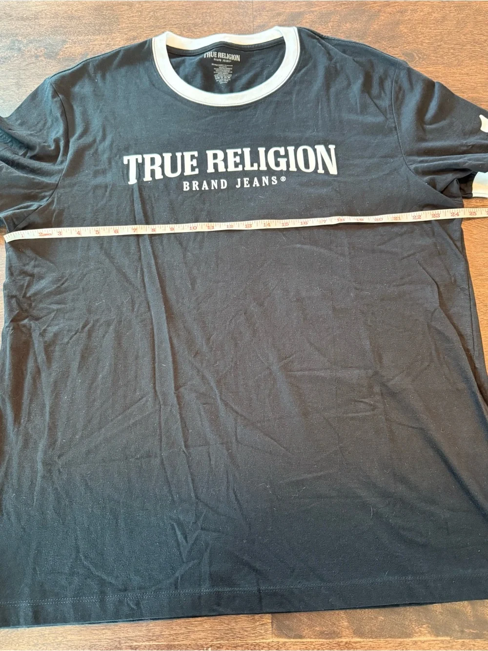 True Religion Black T-Shirt with White Ringer Collar and Chest Logo